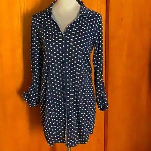 Polka dot navy blue shirt dress. Long sleeve, button front.